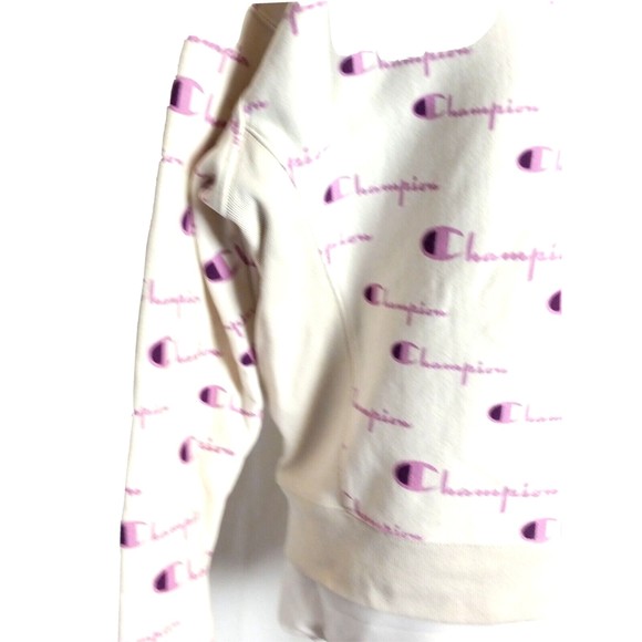 Champion Reverse Weave White Sweatshirt with all over Pink Logo Size Large - Picture 3 of 5